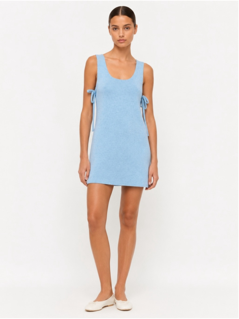Club Monaco Light Blue Cotton Knit Mini Dress XS Side Tie Sleeveless Shift Dress